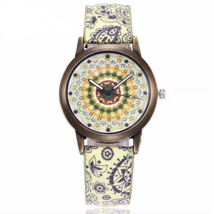 W0800 Retro Flower Pattern Leather Belt Quartz Watch