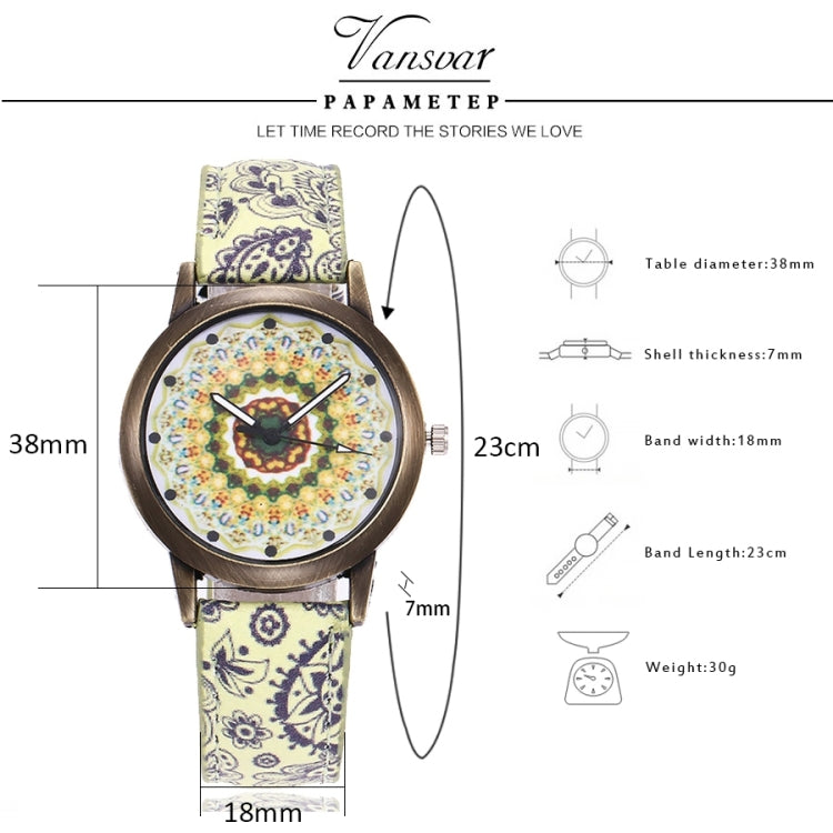 W0800 Retro Flower Pattern Leather Belt Quartz Watch