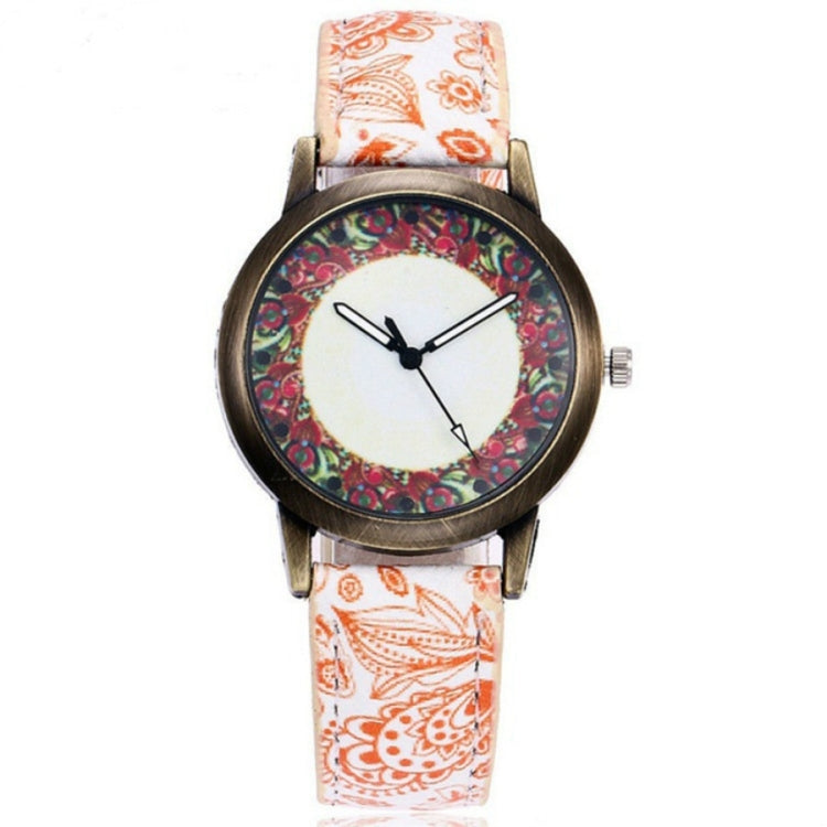 W0800 Retro Flower Pattern Leather Belt Quartz Watch