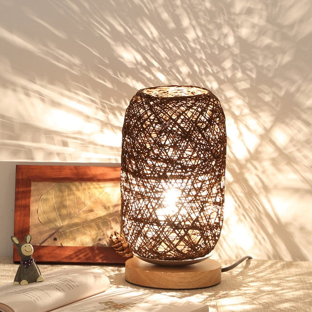 USB Wood Rattan Twine Ball Lights Table Lamp Room Home Art Decorative Desk Light