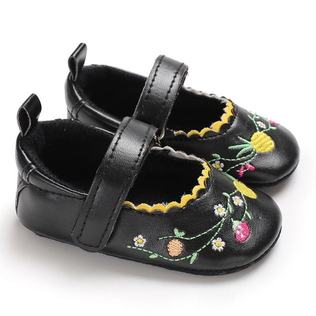 Newborn Infant Baby Girls Pretty Lovely Floral Print Hook Soft Sole Baby Shoes(Black)