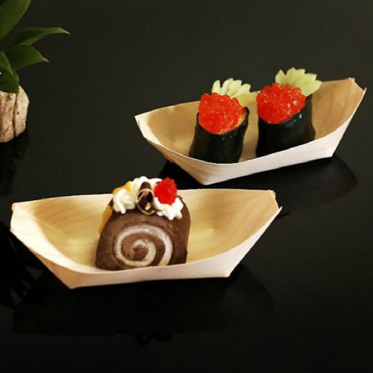 50 PCS / Set 22x11x3 cm  Disposable Wooden Kayak Meal Box Pastry Box Dessert Box
