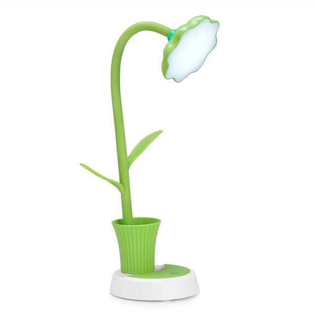 Touch Switch Dimmable Rechargeable Sun Flower Children Learning Desk Lamp with Pen Holder, Body Color:Green