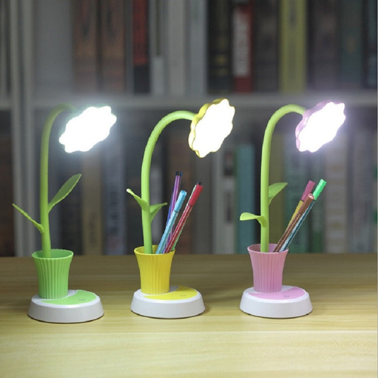 Touch Switch Dimmable Rechargeable Sun Flower Children Learning Desk Lamp with Pen Holder, Body Color:Green