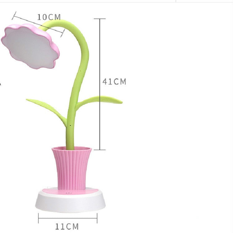 Touch Switch Dimmable Rechargeable Sun Flower Children Learning Desk Lamp with Pen Holder, Body Color:Green