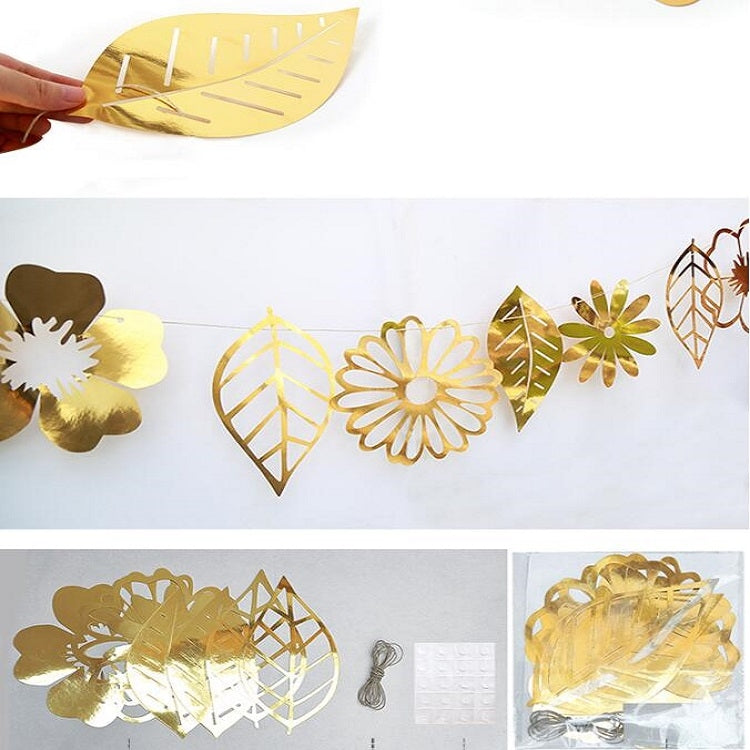 Hollow Flowers Leaves Wall Applique String Decoration Wedding Birthday Party Holiday Decoration, Style:Section A Hollow Flowers and Leaves