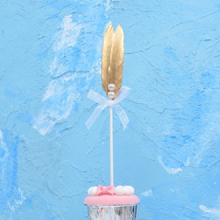 10 PCS Pearl Golden Feathers Plugin Birthday Wedding Dessert Table Decoration Inserted Card