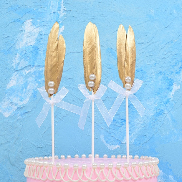 10 PCS Pearl Golden Feathers Plugin Birthday Wedding Dessert Table Decoration Inserted Card