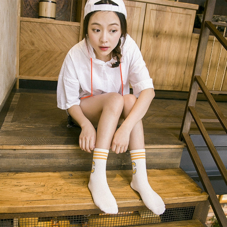 Striped Letter Print  Sporty Short Socks Tube Socks, Size:One Size