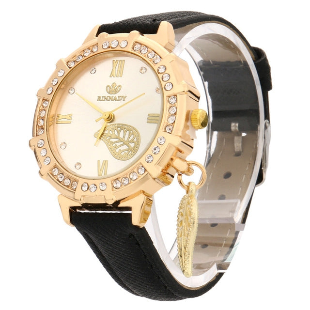 Dial Plated Diamond PU Leather Belt Watch with Leaf Pendant