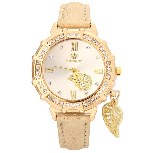 Dial Plated Diamond PU Leather Belt Watch with Leaf Pendant