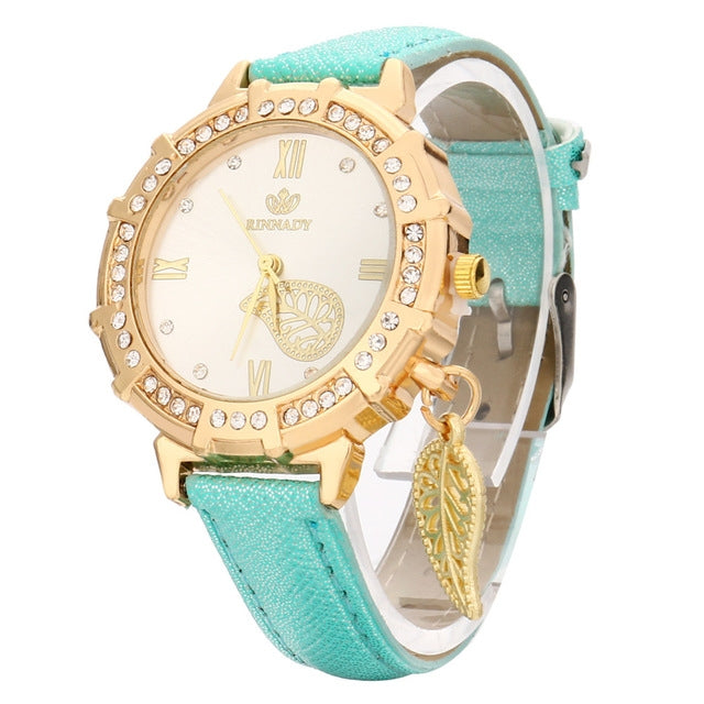 Dial Plated Diamond PU Leather Belt Watch with Leaf Pendant