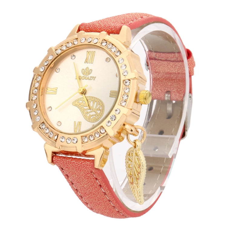 Dial Plated Diamond PU Leather Belt Watch with Leaf Pendant