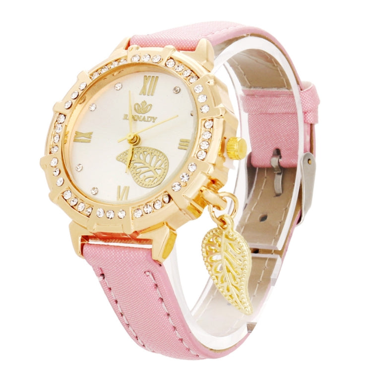Dial Plated Diamond PU Leather Belt Watch with Leaf Pendant