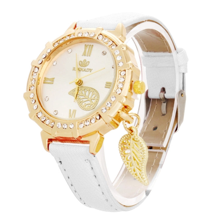 Dial Plated Diamond PU Leather Belt Watch with Leaf Pendant