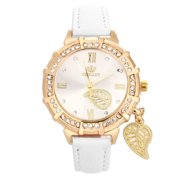Dial Plated Diamond PU Leather Belt Watch with Leaf Pendant