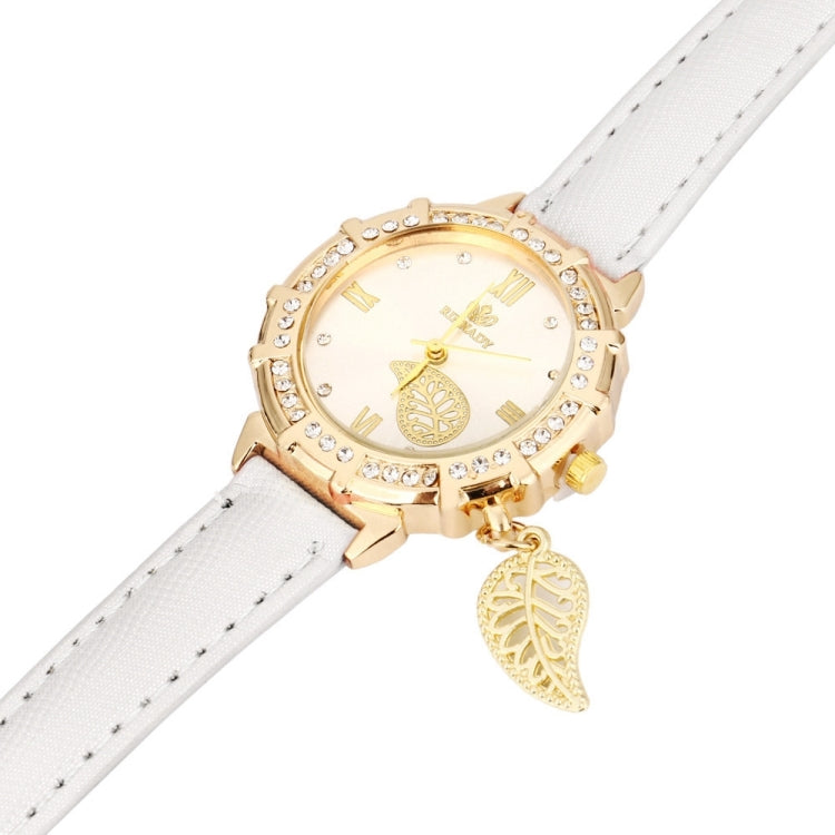 Dial Plated Diamond PU Leather Belt Watch with Leaf Pendant