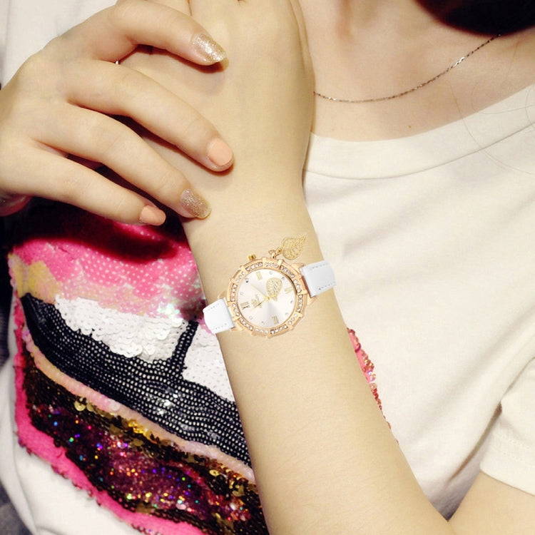 Dial Plated Diamond PU Leather Belt Watch with Leaf Pendant
