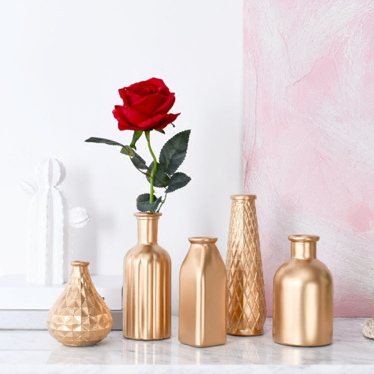 Electroplated Gold  Glass Dried Flower Bottle Bar Restaurant Home Decoration, Shape:Diamond Vase +Vmitation Spring Rain Leaf