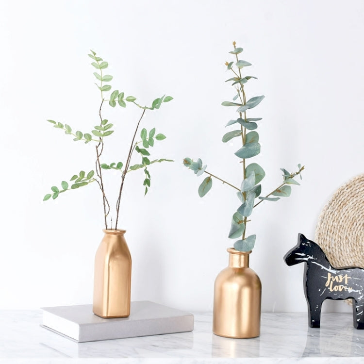 Electroplated Gold  Glass Dried Flower Bottle Bar Restaurant Home Decoration, Shape:Square Vase + Imitation Multi-leaf Leaf