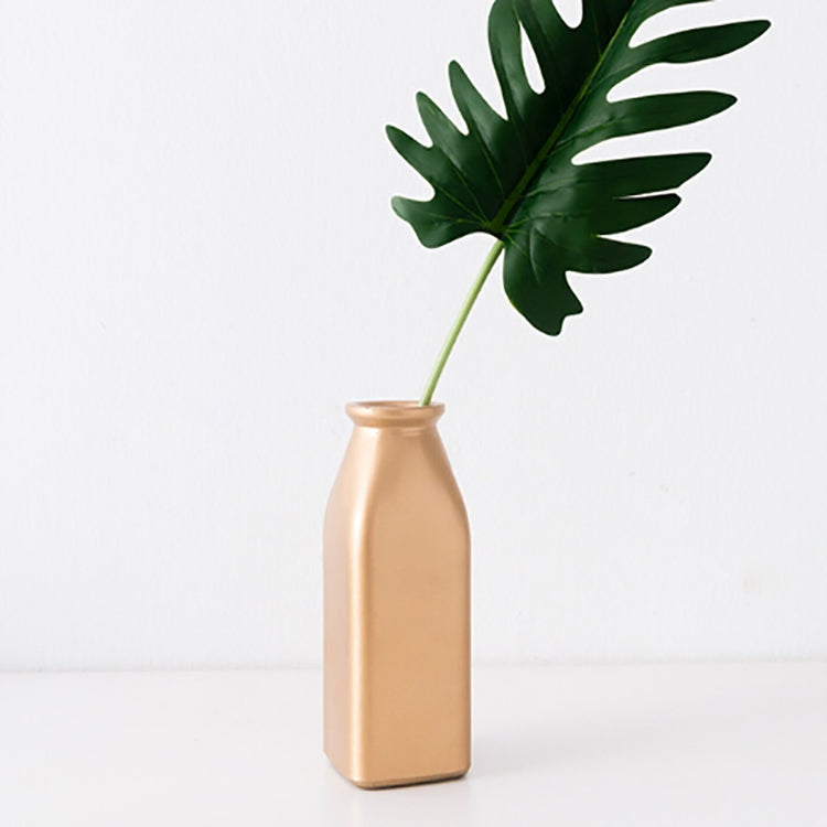 Electroplated Gold  Glass Dried Flower Bottle Bar Restaurant Home Decoration, Shape:Square Vase +Imitation Spring Rain Leaf