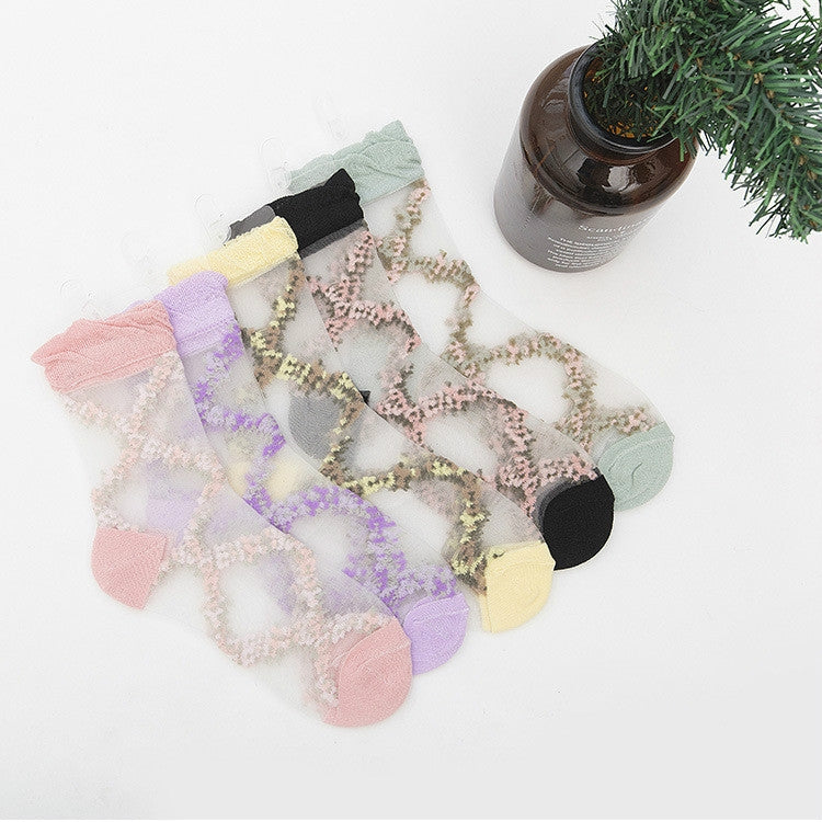 Lace Glass Stockings Sweet Transparent Women Tube Socks, Size:One Size