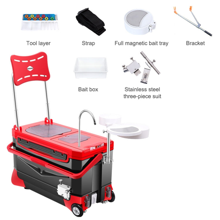 Multifunctional Four-foot Lifting Fishing Box with Pulley, Style:Ordinary, Capacity:40L(Red Black)