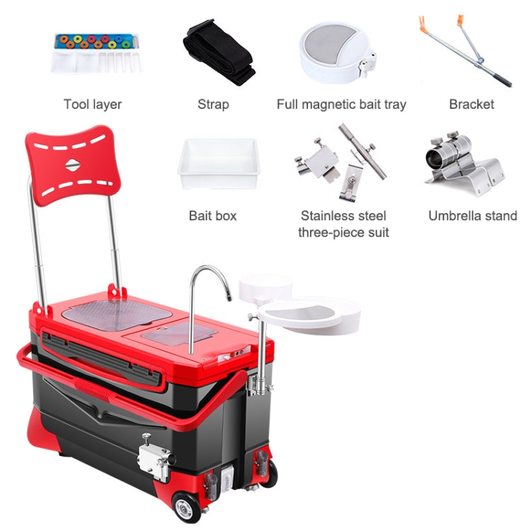 Multifunctional Four-foot Lifting Fishing Box with Pulley, Style:Standard, Capacity:40L(Red Black)