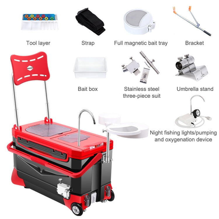 Multifunctional Four-foot Lifting Fishing Box with Pulley, Style:Luxury, Capacity:40L(Red Black)