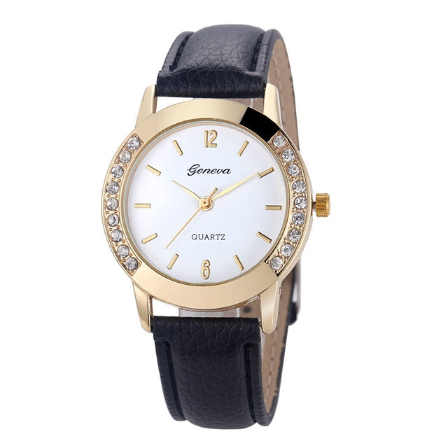 Round Dial Double Diamond Leather Belt Watch for Women