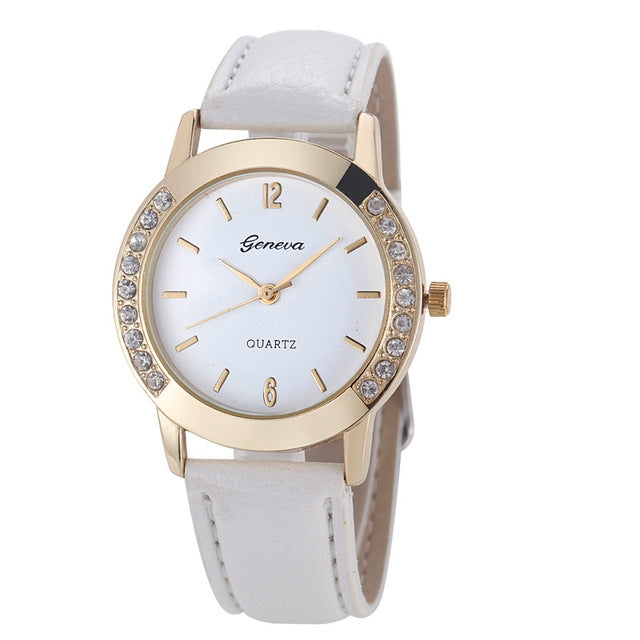 Round Dial Double Diamond Leather Belt Watch for Women