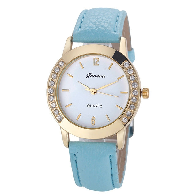 Round Dial Double Diamond Leather Belt Watch for Women