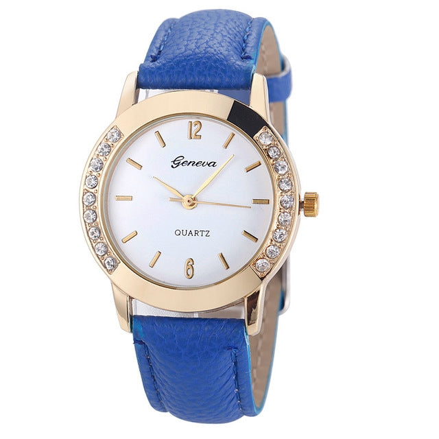 Round Dial Double Diamond Leather Belt Watch for Women