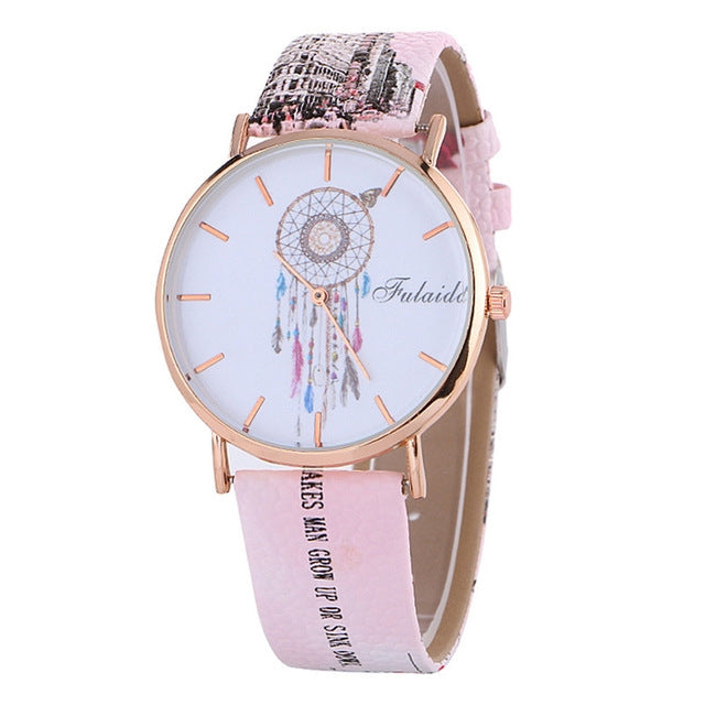 Falaida Dreamcatcher Pattern Leather Strap Quartz Watch for Women