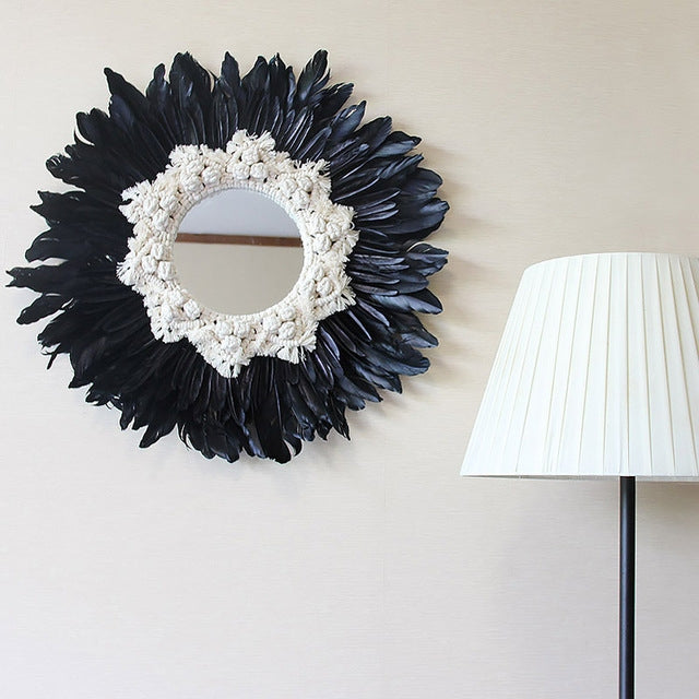 Modern Handmade Tapestry Feather Glass Mirror Wall Decorative Mirrored