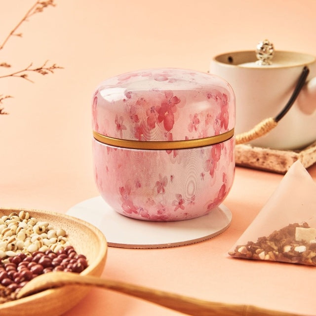 HOOMIN Tea Box Tea Jar Storage Holder Tea Caddies Matcha Container Mini Coffee Powder Organizer Cans Multifunction Round Metal, Color:Cherry color