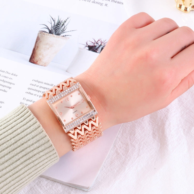 2PCS Casual Diamond-studded Square Quartz Bracelet Watch(Rose Gold)