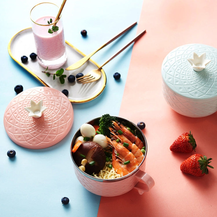 Simple Pineapple Pattern Stainless Steel Instant Noodle Bowl Thickened Anti-scald Student Tableware with Lid & Spoon