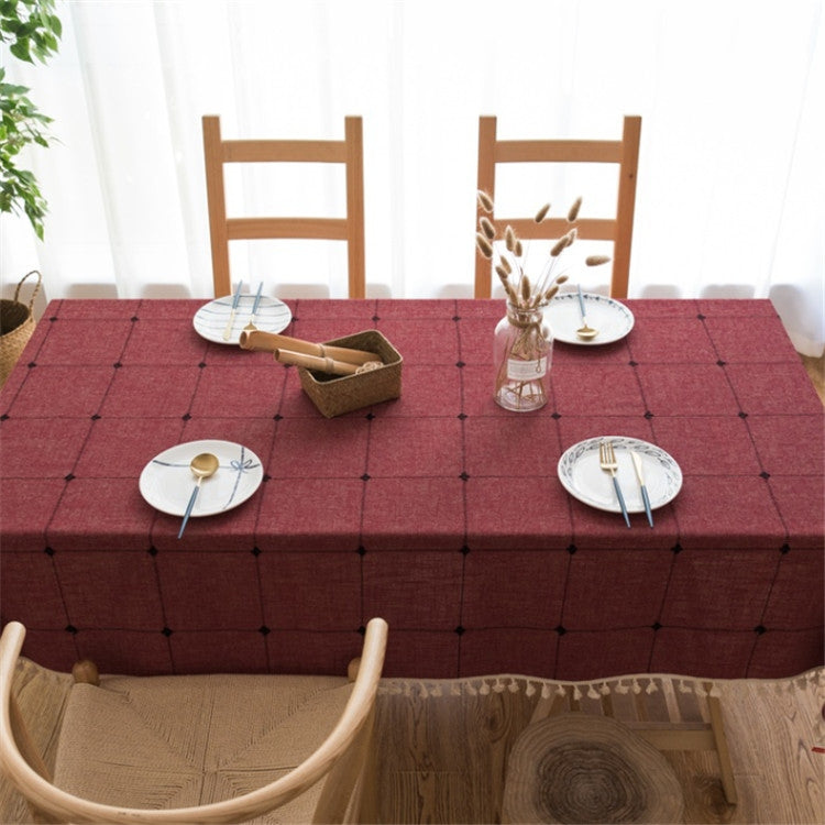 Square Lattice Embroidered Tablecloth Pure Color Cotton Linen Tassel Rectangular Coffee Table Mat, Size:110x170cm