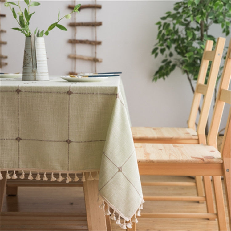Square Lattice Embroidered Tablecloth Pure Color Cotton Linen Tassel Rectangular Coffee Table Mat, Size:110x170cm