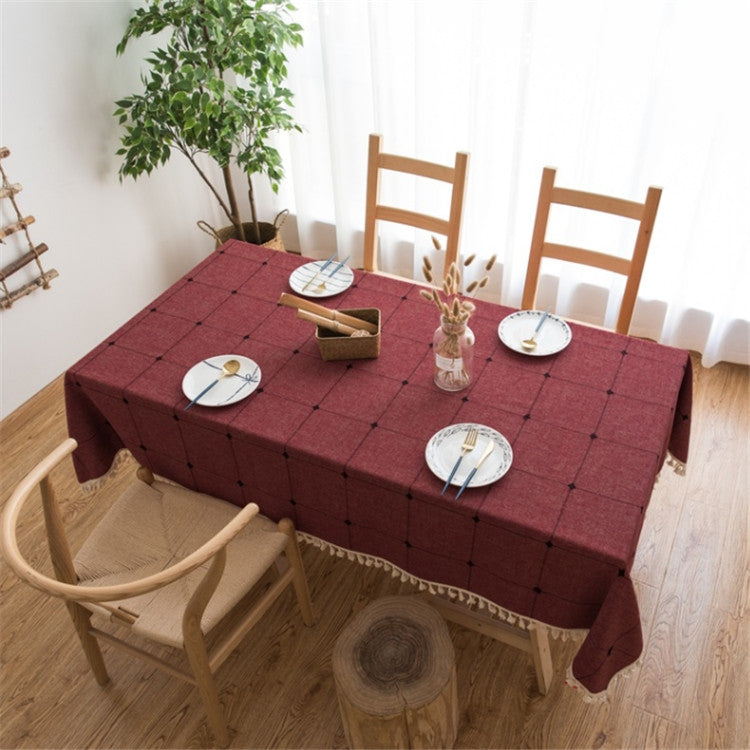 Square Lattice Embroidered Tablecloth Pure Color Cotton Linen Tassel Rectangular Coffee Table Mat, Size:140x220cm