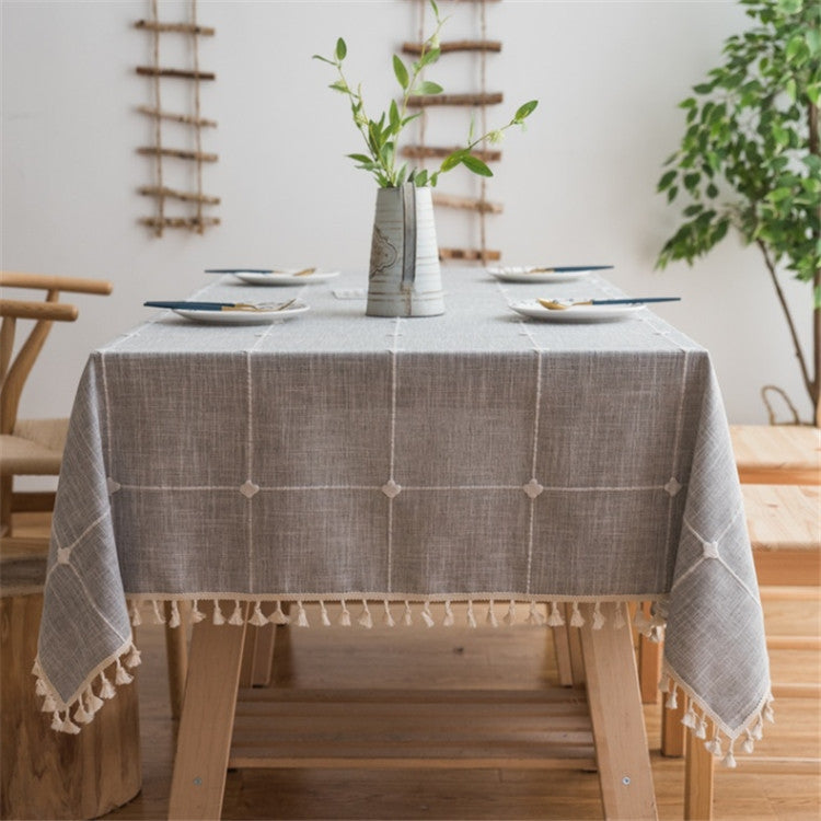 Square Lattice Embroidered Tablecloth Pure Color Cotton Linen Tassel Rectangular Coffee Table Mat, Size:140x240cm