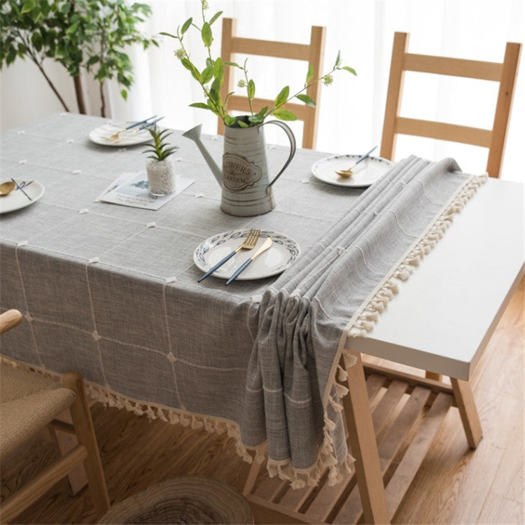 Square Lattice Embroidered Tablecloth Pure Color Cotton Linen Tassel Rectangular Coffee Table Mat, Size:140x240cm
