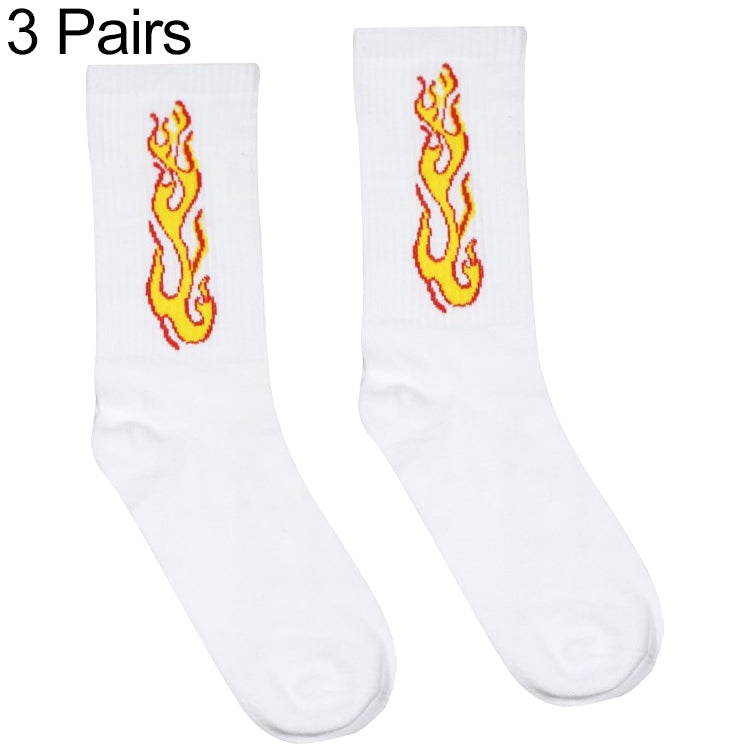 3 Pairs Men Skateboard Crew Socks Cotton Fire Flame Skateboard Hip Hop Harajuku Tide Socks, Colorï¼šWhite