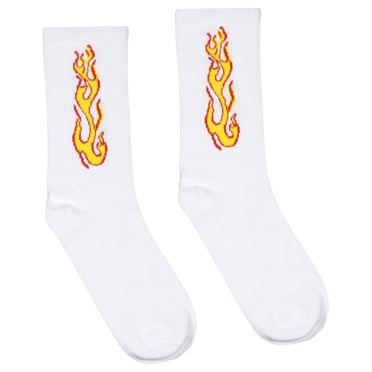 3 Pairs Men Skateboard Crew Socks Cotton Fire Flame Skateboard Hip Hop Harajuku Tide Socks, Colorï¼šWhite