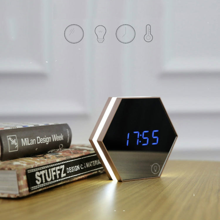 Multi-function Touch Sensing Led Digital Alarm Clock Night Light Temperature Display Table Lamp Makeup Mirror Travel Clocks(Gold)