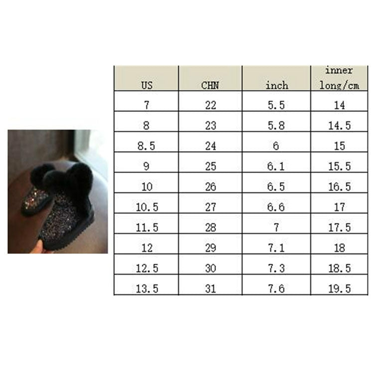 Girls Sequins Plus Velvet Warm Fur Snow Boots, Shoe Sizes:27