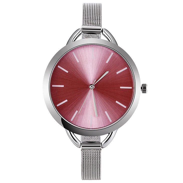Solid Color Large Dial Stainless Steel Slim Mesh Belt Quartz Watch for Women
