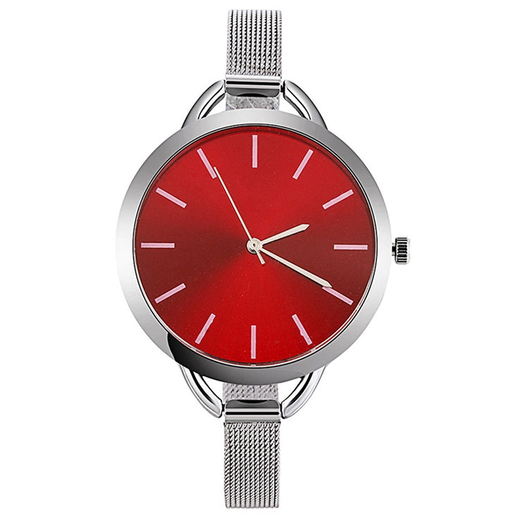 Solid Color Large Dial Stainless Steel Slim Mesh Belt Quartz Watch for Women