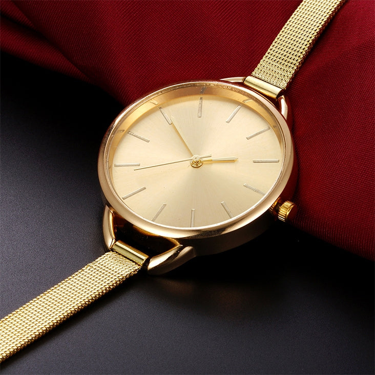 Solid Color Large Dial Stainless Steel Slim Mesh Belt Quartz Watch for Women